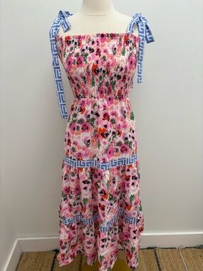 THML Pink Floral Smocked Midi Dress with Blue Tie Straps and Green Accents